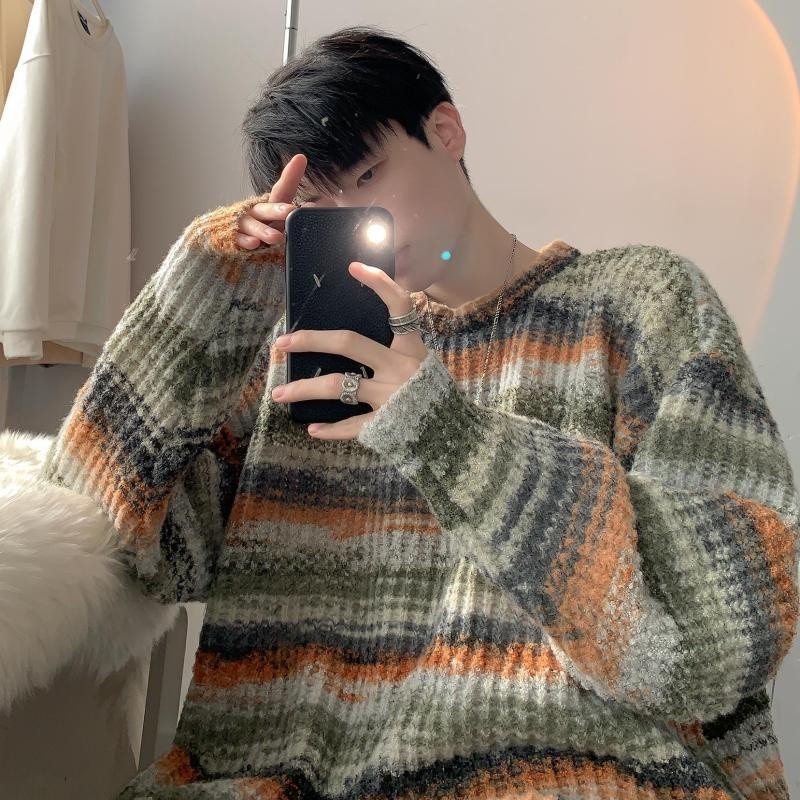 Sweater Bergaris Pria dan Wanita, Gaya Korea/Mantel Rajut Bermerek Mode Longgar Retro Amerika