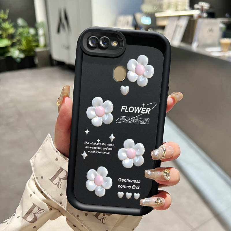 Casing Hp OPPO A7 OPPO A5s OPPO A12 OPPO A12S A11k Case merah muda dan bunga putih dan pola pita Cas
