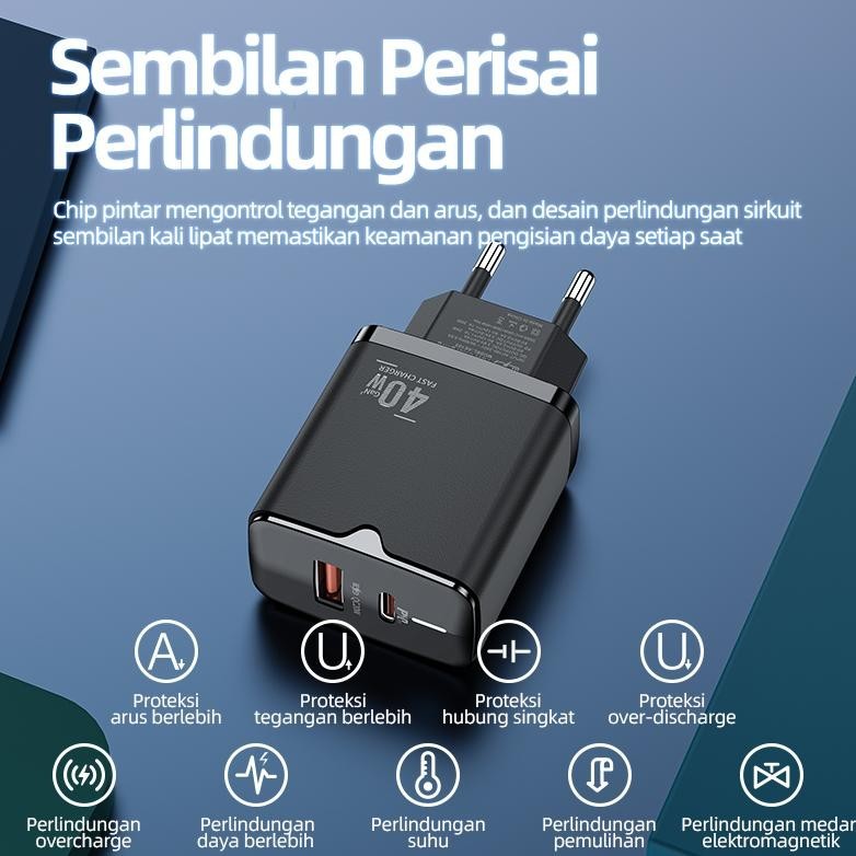 BASIKE KEPALA CHARGER QUICK CHARGER QC3.0 TYPE-C+USB 40W PD FAST CHARGE CHARGER TRAVEL FAST CHARGING