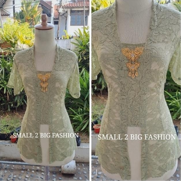 kebaya pendek brukat brokat hijau sage kutubaru kutu baru stretch