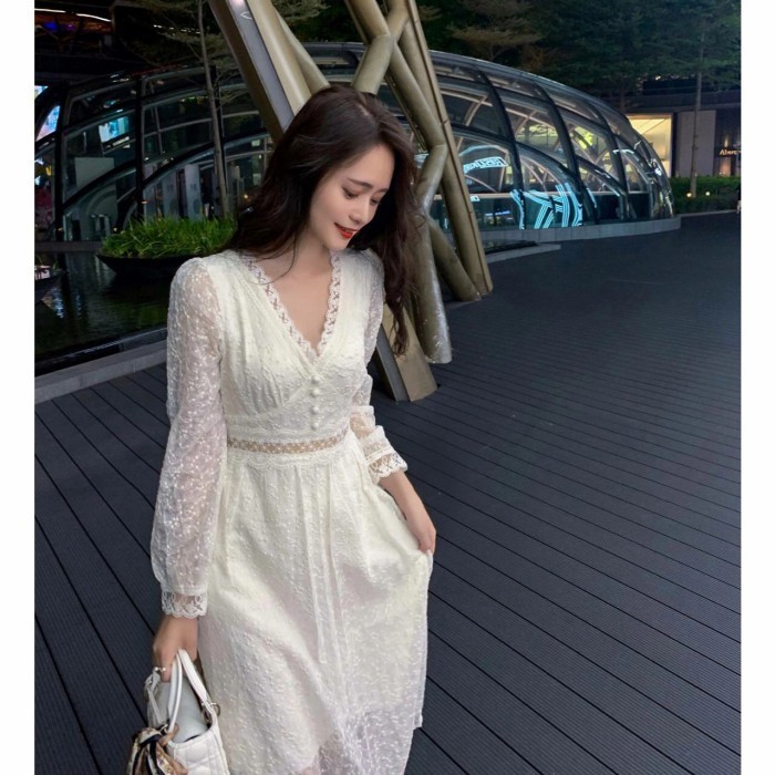 Laurensia Dress Lace Midi Dress Putih Lacey Dress Korea White Terlaris