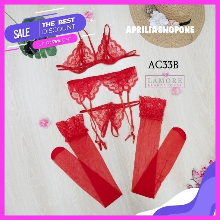 PRODUK PILIHAN BRA SET BH CD SEKSI + SABUK PAHA + STOCKING LACE MERAH ACB