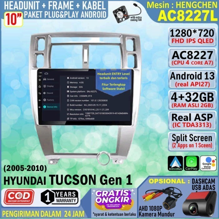 Paket Headunit Android 10 inch + Frame + Soket PNP Hyundai Tucson 2005 Hengchen AC8227 RAM 2GB-ROM 3