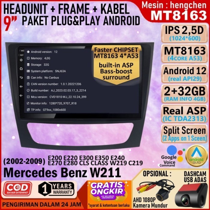 Headunit Android MT8163 2/32GB QLED+ Frame 9 inch Mercedes Benz W211
