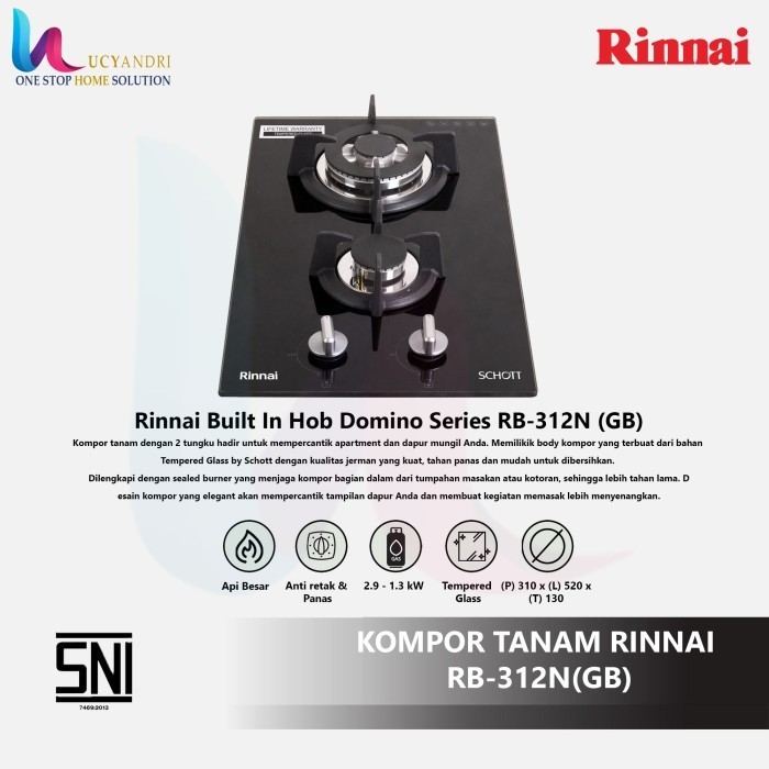 Kompor Gas Tanam Rinnai Rb-312 N(Gb) /Rinai Rb 312Ngb / 2 Tungku