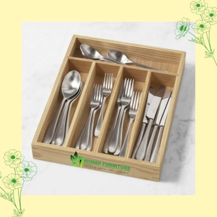 Rak Laci Tempat Sendok Dan Garpu Wooden Cutlery Tray Kayu Jati Belanda