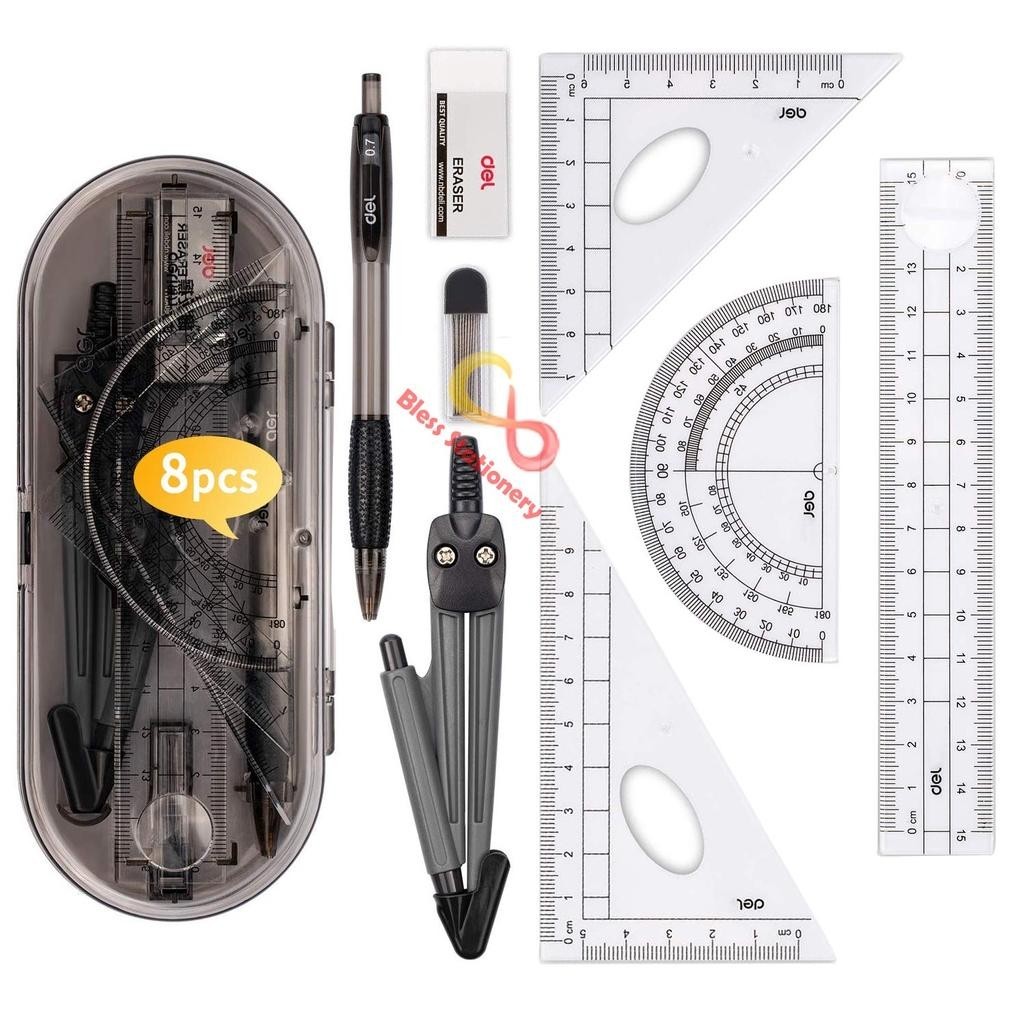 

JANGKA PENGGARIS BUSUR SEKOLAH DELI COMPASS DRAFTING SET SQUARE RULER BARU