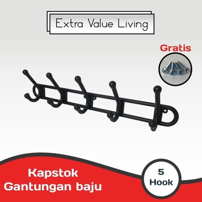 VIENTO Kapstok Plastik 5 hook Gantungan Baju Wall Hanger Hitam