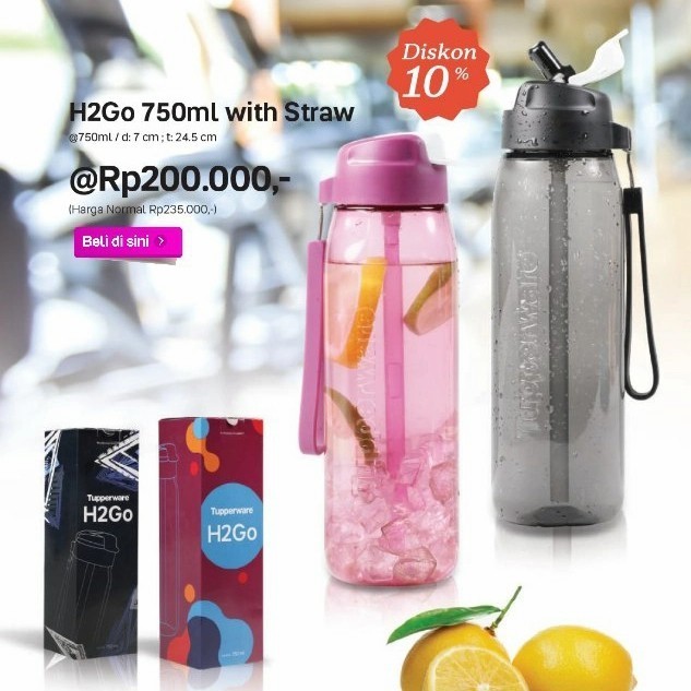 Tupperware Botol Minum 750Ml H2Go Bottle With Straw Bpa Free Sedotan