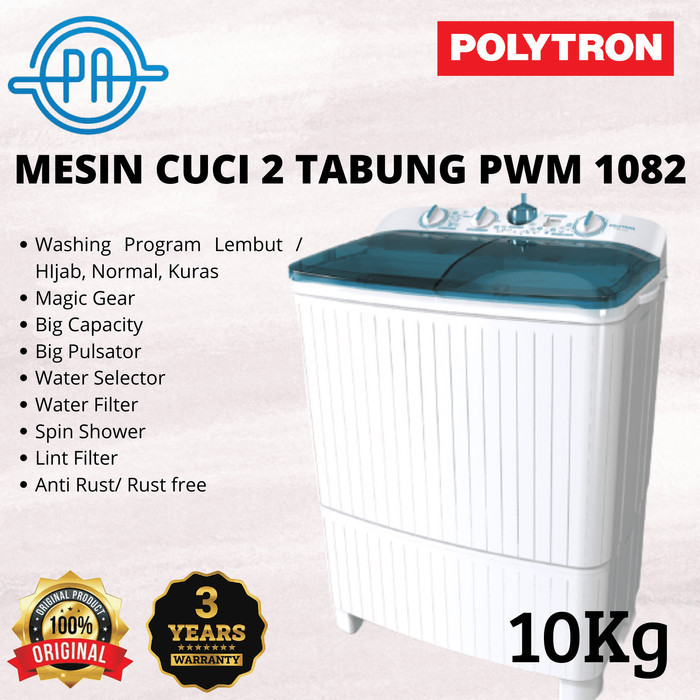 MESIN CUCI 2 TABUNG POLYTRON PWM1082 / PWM 1082 10KG