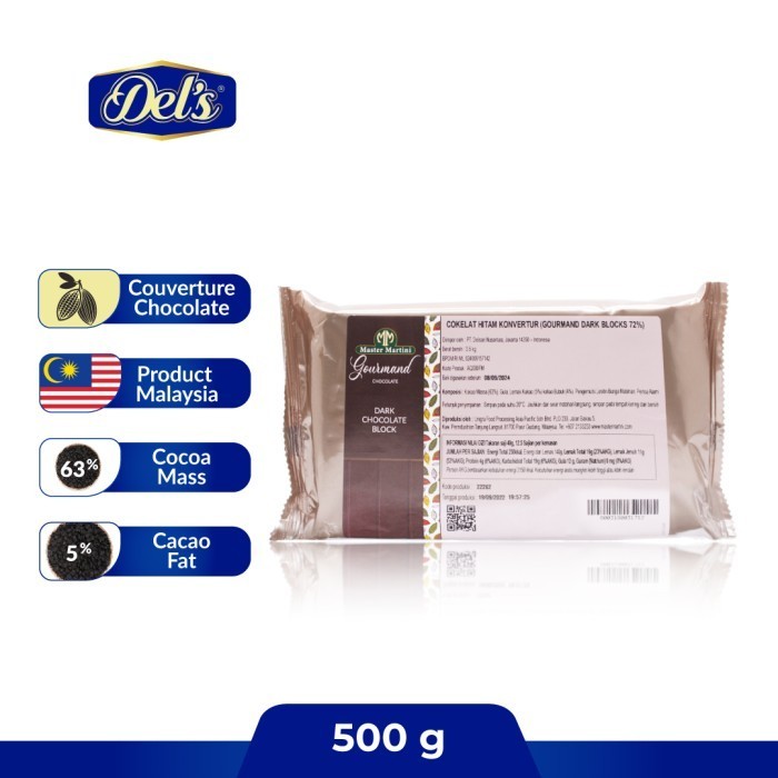 

Ready Dels Gourmand Coklat Couverture Dark Block / Batang 72% - 500 Gr