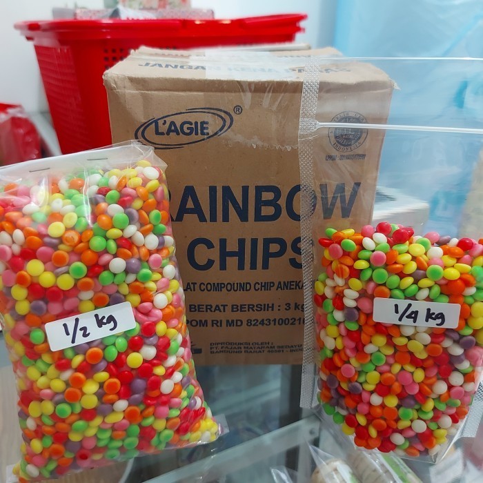 

Ready RAINBOW CHIPS L'AGIE CHOCO CHIP WARNA WARNI REPACK 1/2 KG & 1/4 KG