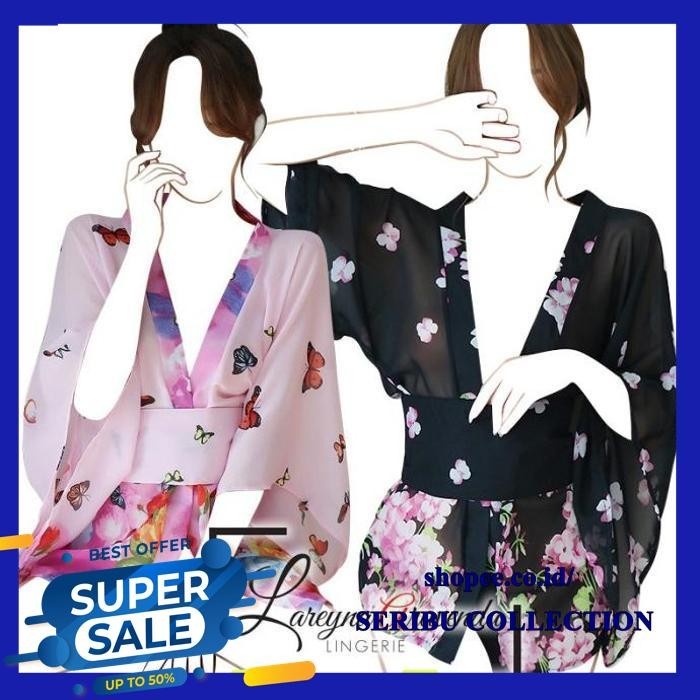 SET BAJU TIDUR WANITA + G STRING SEKSI MODEL KIMONO SAKURA LENGAN LEBAR BEST SELLER