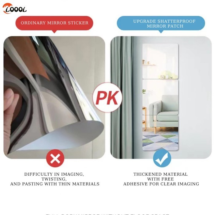 Stiker Cermin Lembaran Kaca Persegi Dinding Akrilik, Cermin Badan