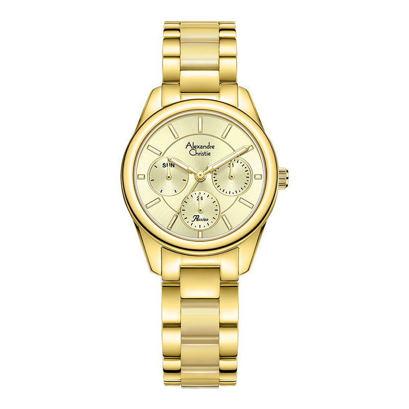 Jam Tangan Wanita Alexandre Christie Passion AC 2A92 BF BGPOR Ladies Gold Dial St Steel Ceramic Stra