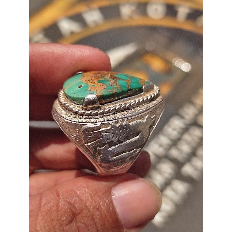 Batu Pirus Persia Urat Emas  Ring Perak Murni Tebal Motif Naga