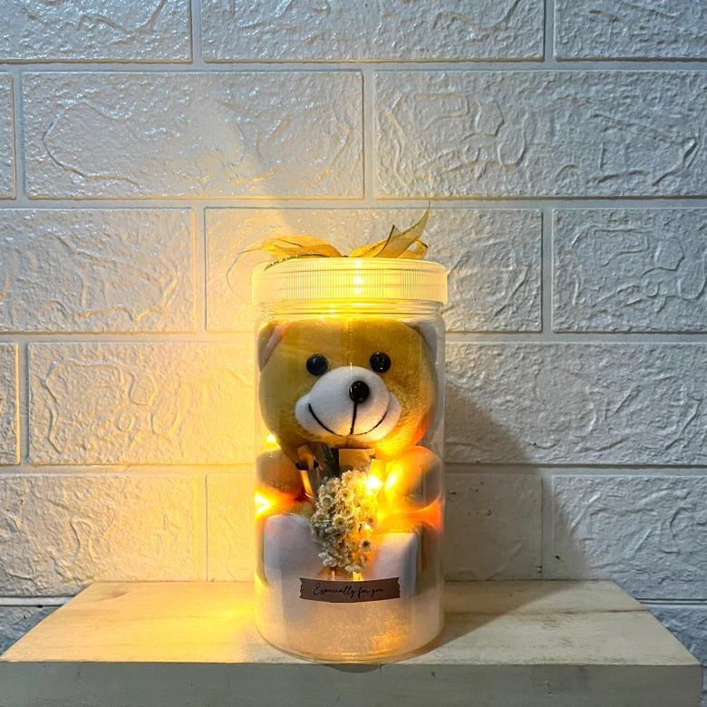 ORIGINAL READY Hampers hadiah Boneka Tabung Lampu Led Teddy bear mini + bunga - kado wisuda - kado u