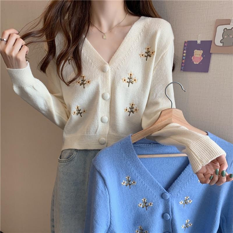 QH Mona-Knit Cardigan terbaru Cardi outer wanita rajut lengan panjang bordir bunga kembang korea