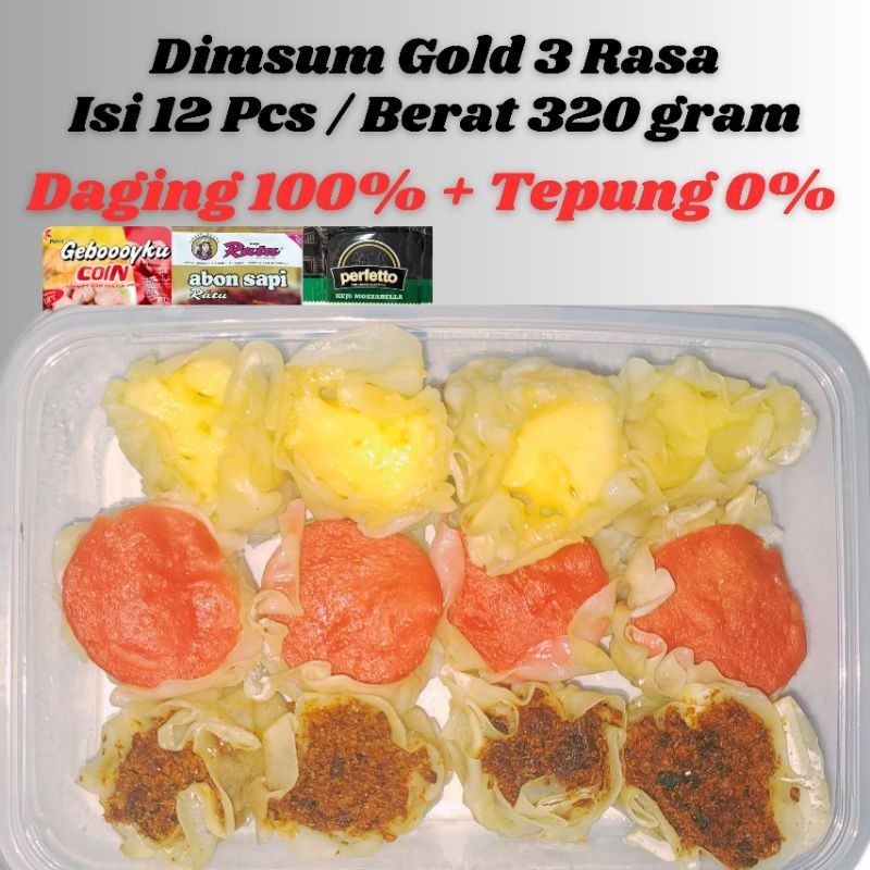 

Dimsum Gold 3 Rasa isi 12 (320 gram) / Daging 100% + Tepung 0%
