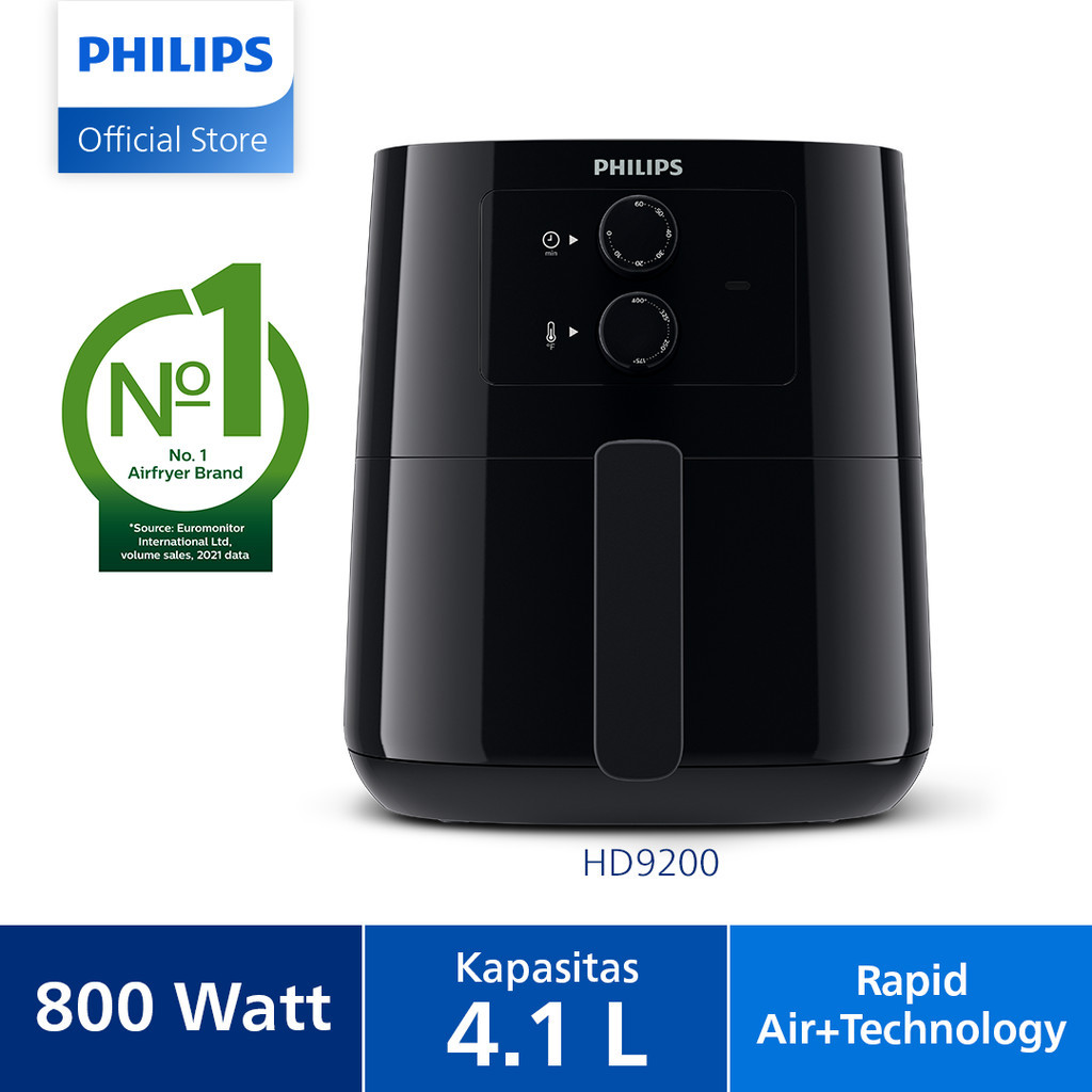 Airfryer Philips, HD9200/91 Low Watt, air fryer multifungsi analog knop putar, dengan Rapid Air Technology, 4.1 L, Hitam