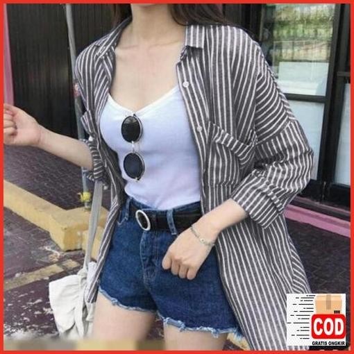 Baru Key - 0112 Outer Stripe Size Xxl Oversize / Atasan Wanita Kemeja Oversize Katun Hijabers Friend