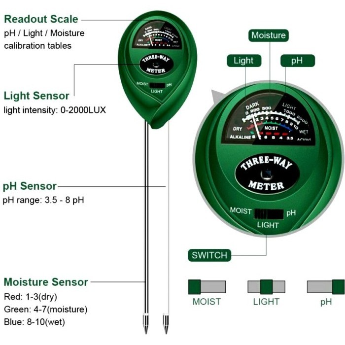 Termurah Alat Ukur Ph Meter Tanah 3 In 1 - Ph, Cahaya &amp; Kelembapan