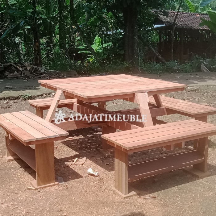 meja bangku taman bahan kayu jati - Sudah warna, Plus payung