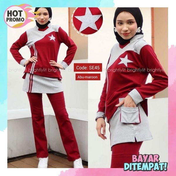 Setelan Baju Olahraga Wanita Pakaian Sport Girls Training One Set Baju Senam Muslimah Set Senam Ibu 