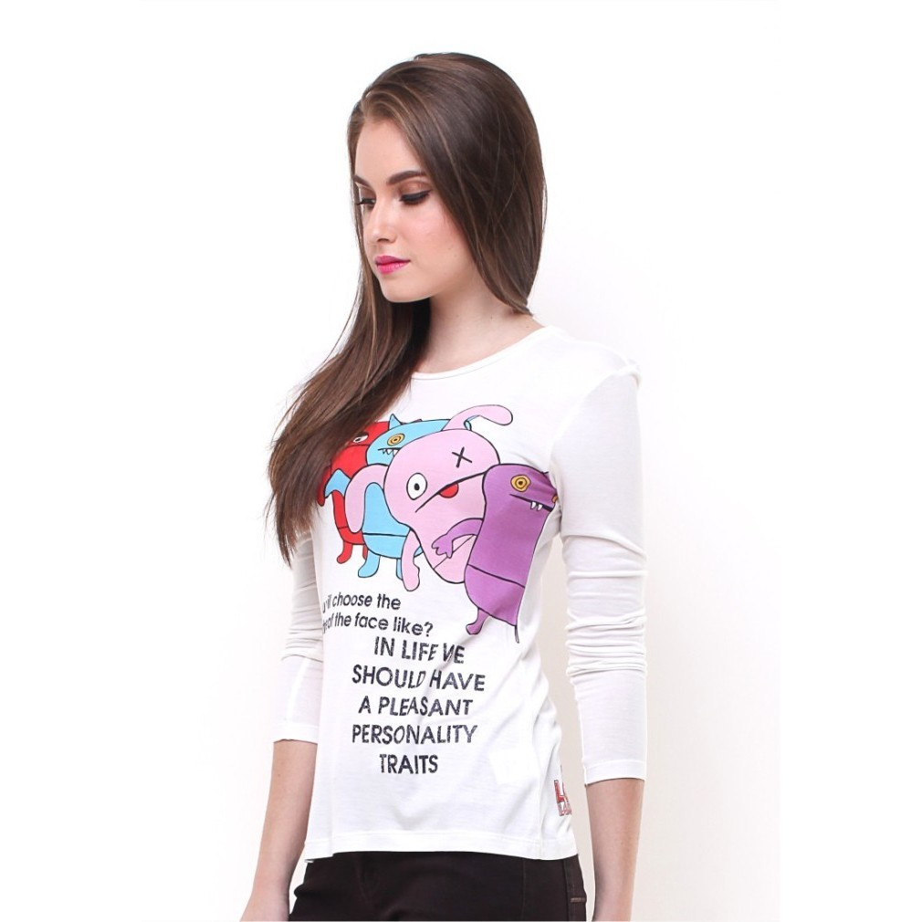 Slim Fit - Kaos Wanita - Gambar Sablon - Lengan Panjang - Putih