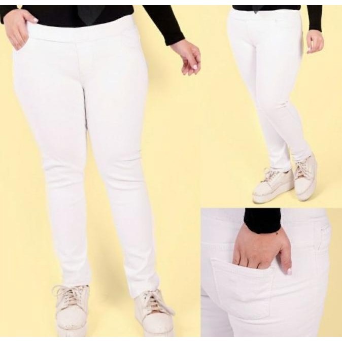 Celana Jeans Putih Wanita Jumbo Legging Jeans Pinggang Kolor Jumbo