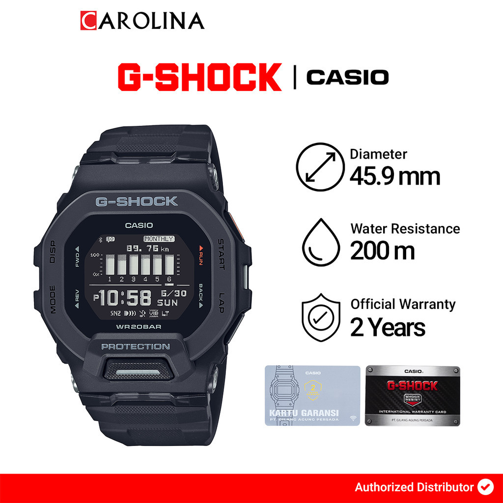 Jam Tangan Unisex Casio G-Shock GBD-200-1D G-Squad Black Digital Dial Black Resin Band