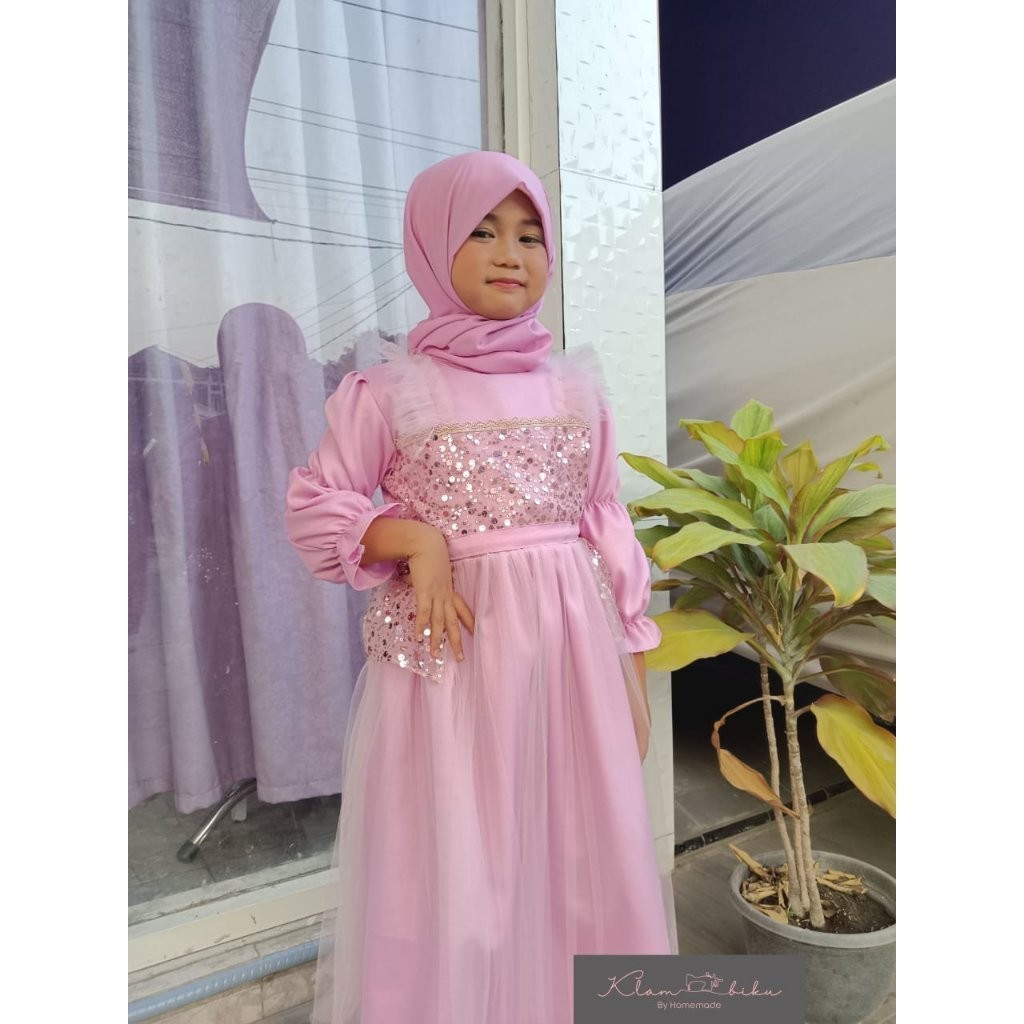 Promo Mega Sale 5.5 // Gamis barbie/Baju brokat anak Perempuan/Gaun pesta anak plus hijab/Gamis anak