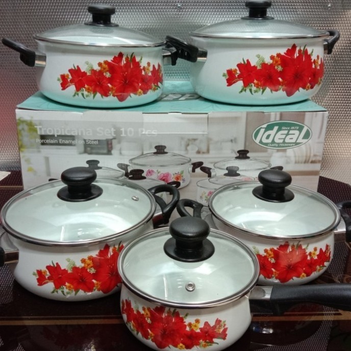 Panci Tropicana Set 10 Pcs Motif Bunga Enamel Ideal + Tutup Kaca