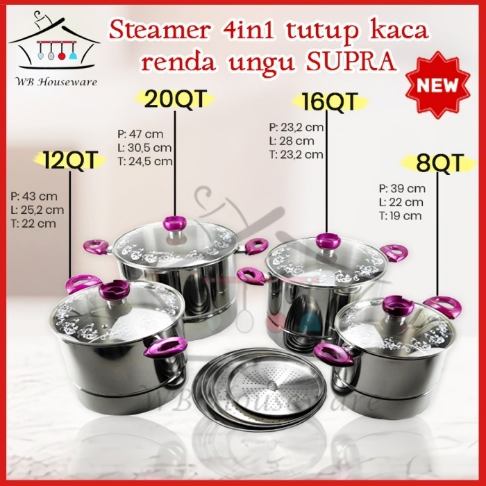 Panci Set Kukusan 4In1 / Pengukus / Steamer Tutup Kaca Ungu Supra