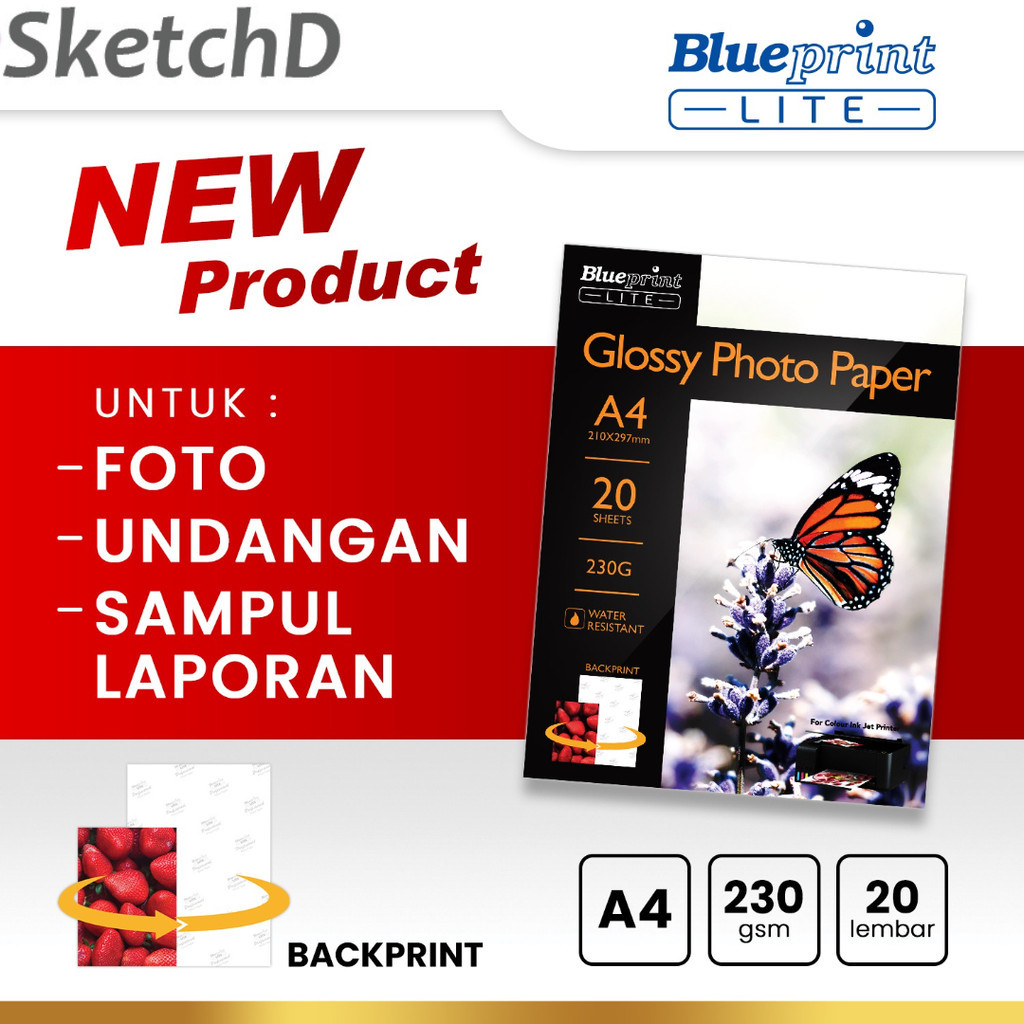 

Kertas Foto Lite A4 - 230 Kupu Kupu Blueprint Glossy Photo Paper Backprint 20 lbr