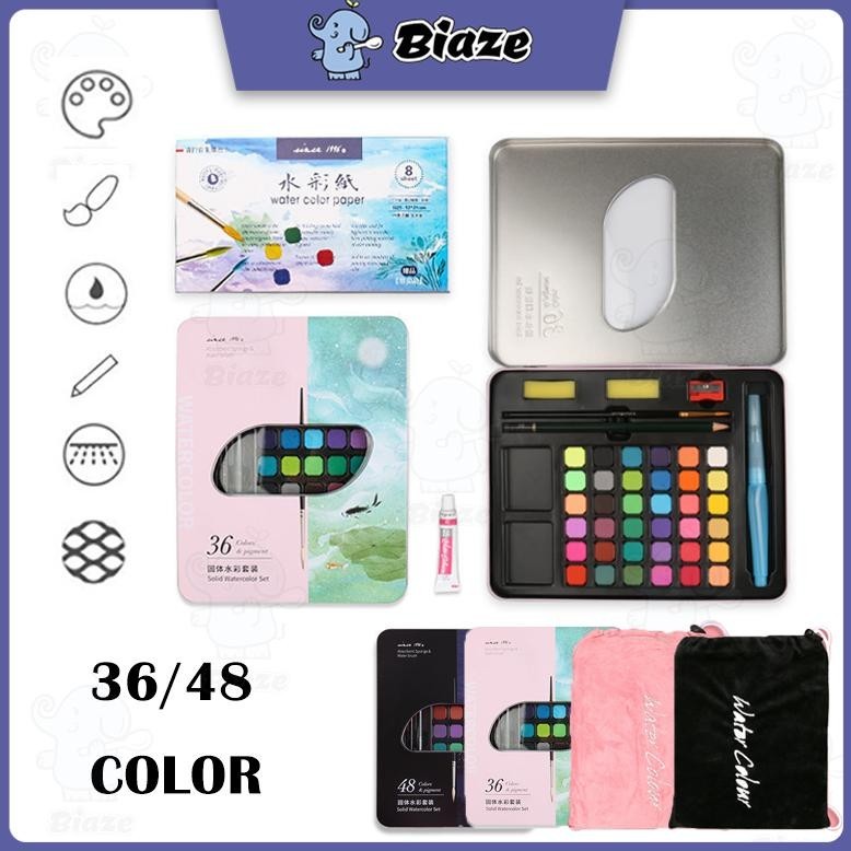 

LI34 BIAZE 36/48 Watercolor Paint Set Warna Solid Alat Cat Air (Termasuk Kuas dan Kertas Gambara) Termurah