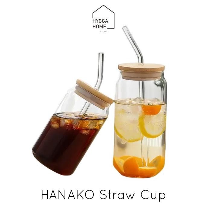HANAKO Straw Cup Gelas Minum Sedotan Kaca Tutup Bambu Tumbler Estetik PS88