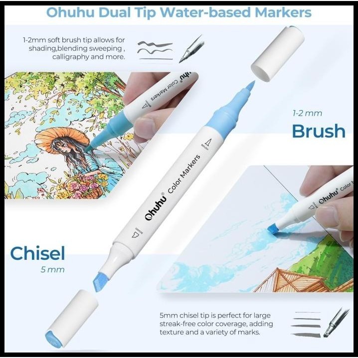 

OHUHU MARKERS 64 COLORS DUAL BRUSH CHISEL TIP DRAWING PEN WATER BASED