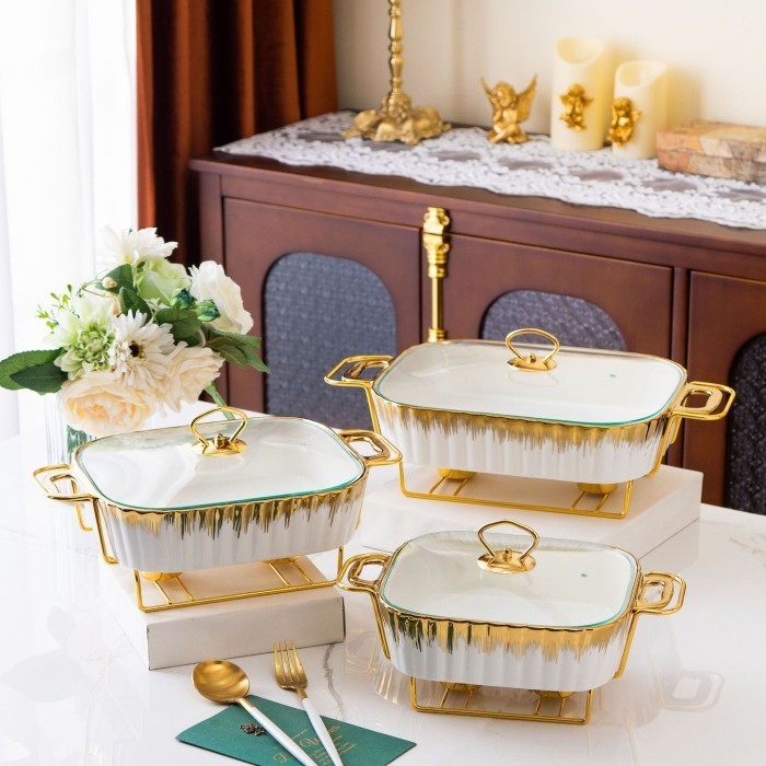 Satuan Prasmanan Dah Saji Lauk Pauk Keramik List Gold Dudukan Besi