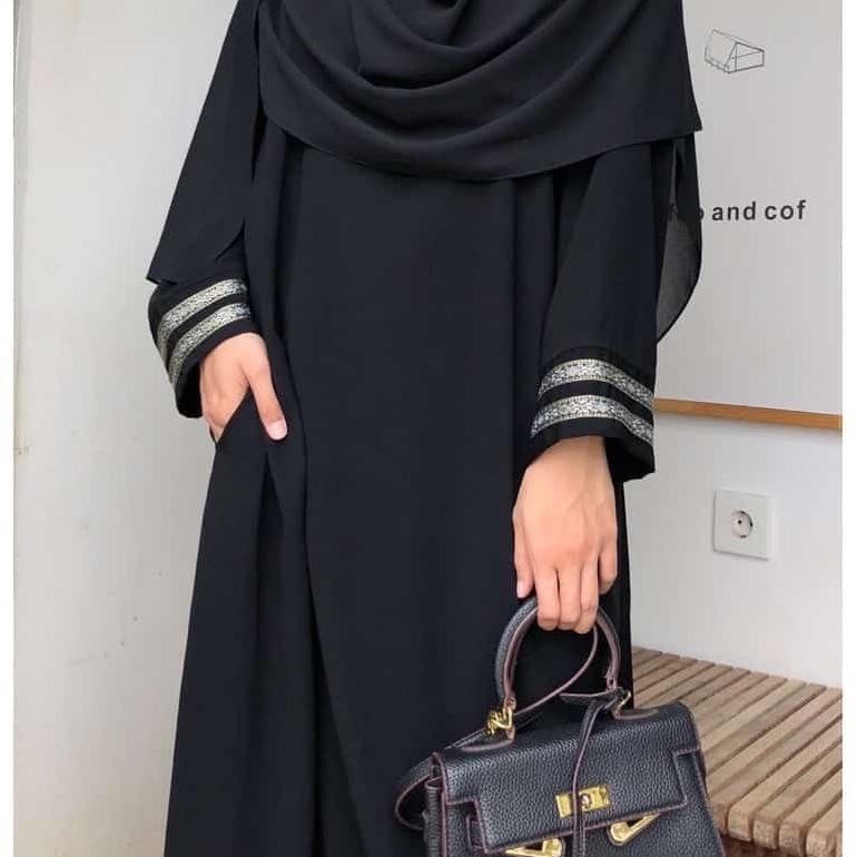 Gamis Abaya Remaja Dress Syari Hitam Polos Lis Pita Juba Tuey Bordir Arab Saudi Mewah Baju Dewasa Ba