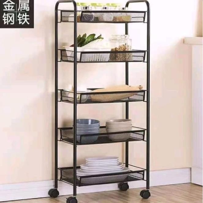 Trolley Portable Rak Besi Tingkat Serbaguna 4 Roda Troli Barang Lipat