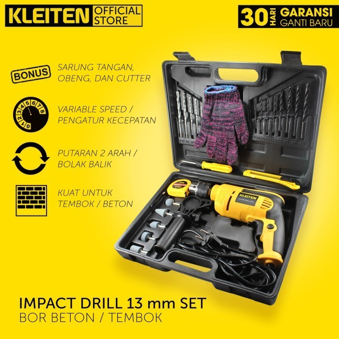 Kleiten Mesin Bor Set Paket Lengkap Impact Drill 13 Mm Bor Tembok Set