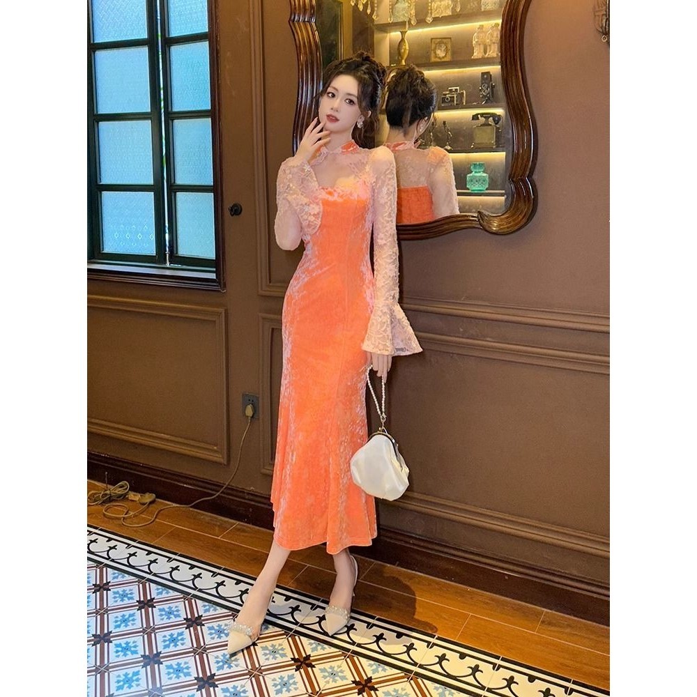 Gaun Cheongsam Panjang Gaya China, Gaun Cheongsam Panjang Bergesper Lengan Bell Beludru Berongga