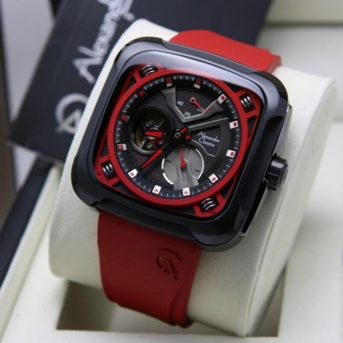 Jam Tangan Alexandre Christie Pria Original AC6577 Black Red Auto