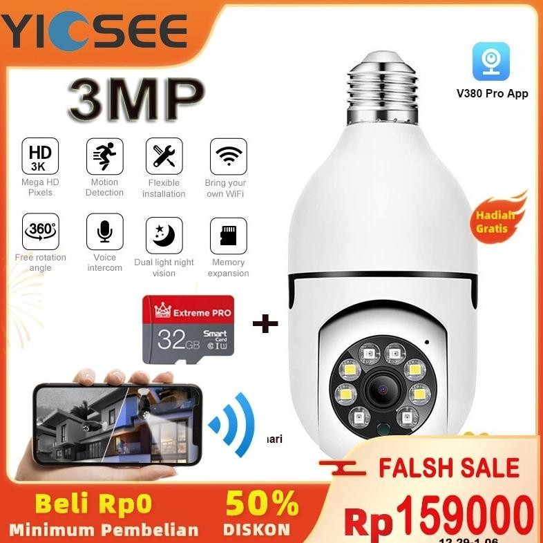 [DISKON] cctv lampu bohlam 3MP kamera V380 Pro ip camera indoor 360 derajat  jarak jauh lewat bisa k