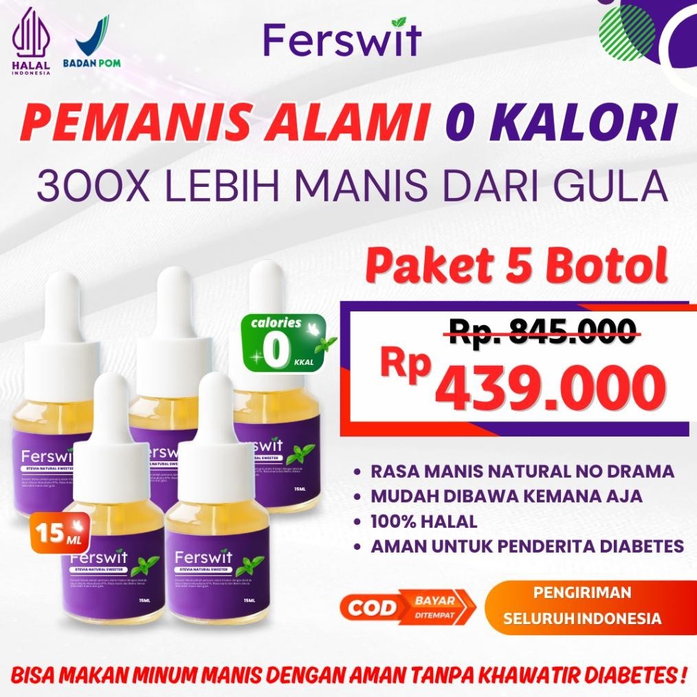 

Baru solusi sehat Ferswit Stevia Alami Paket 5 Botol