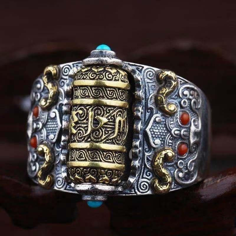 Six-Character Mantra Ring Men's Personality Hipster Retro Single Ring Rotatable Retro Personality Ri