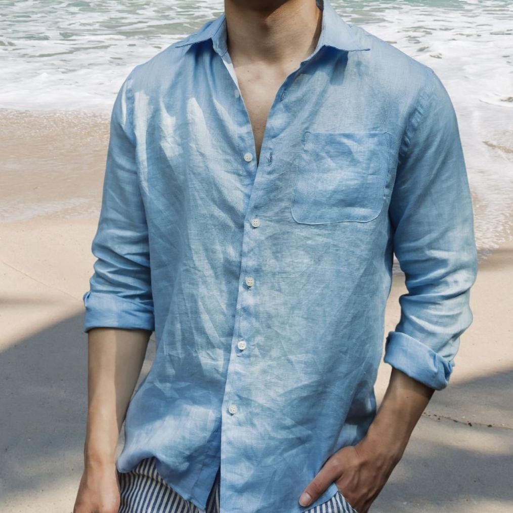 Baju Kemeja Tactical Pria Lapangan Outdoor Linen Lengan Panjang Biru Remedy Resort Wear Aqua Blue Li