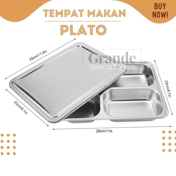 Plato Food Tray Tempat Makan Piring Sekat 5 Stainless Dengan Tutup