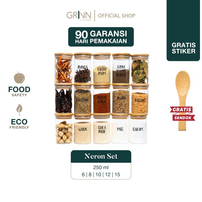 GRINN LIVING SET PAKET NERON GLASS JAR 250 ML TOPLES KAYU BAMBU